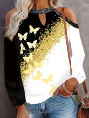 Casual Printed Crew Neck Off Shoulder Long Sleeve T-Shirts