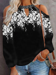 Casual Printed Crew Neck Off Shoulder Long Sleeve T-Shirts