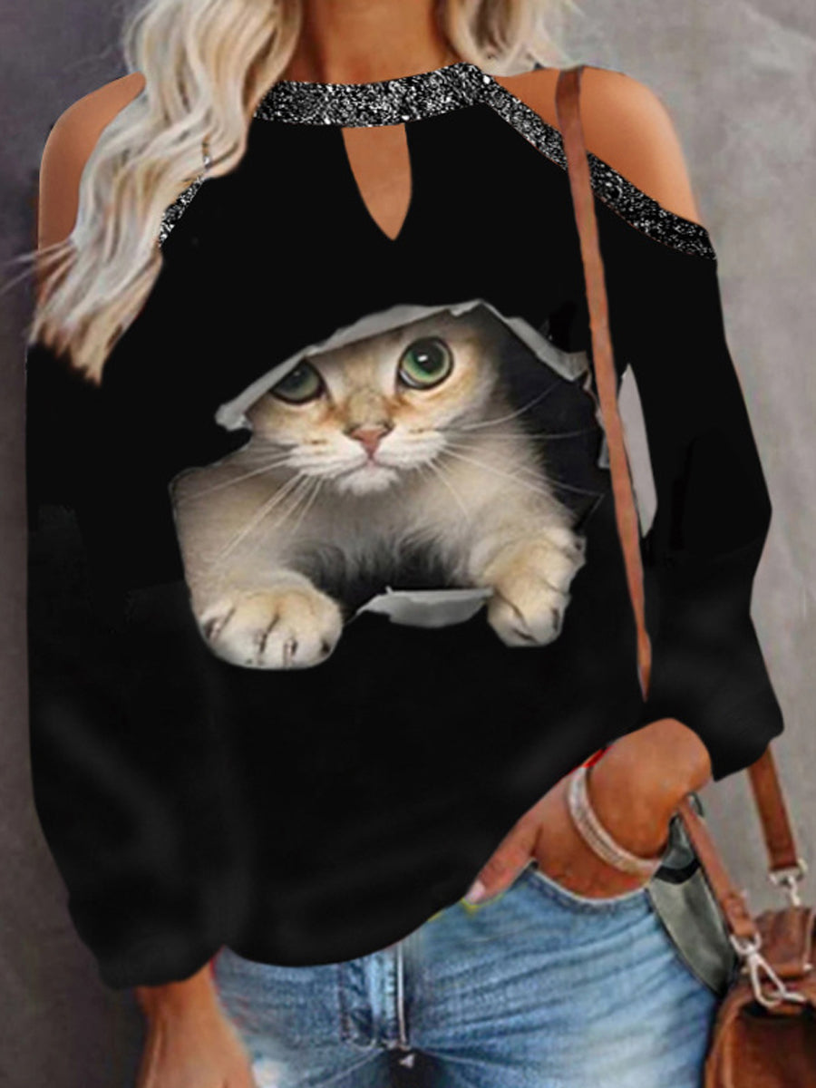 Casual Printed Crew Neck Off Shoulder Long Sleeve T-Shirts