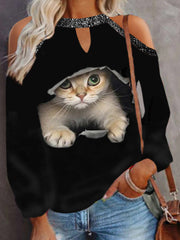 Casual Printed Crew Neck Off Shoulder Long Sleeve T-Shirts