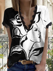 Casual Printed Lace Short Sleeve T-Shirt