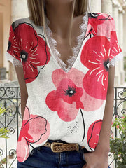 Casual Printed Lace Short Sleeve T-Shirt