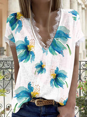 Casual Printed Lace Short Sleeve T-Shirt