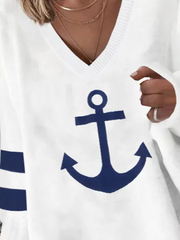 Woman Casual Sea Anchor Loose V Neck Spring Sweatshirts