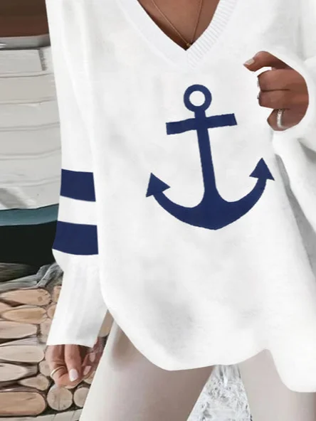 Woman Casual Sea Anchor Loose V Neck Spring Sweatshirts