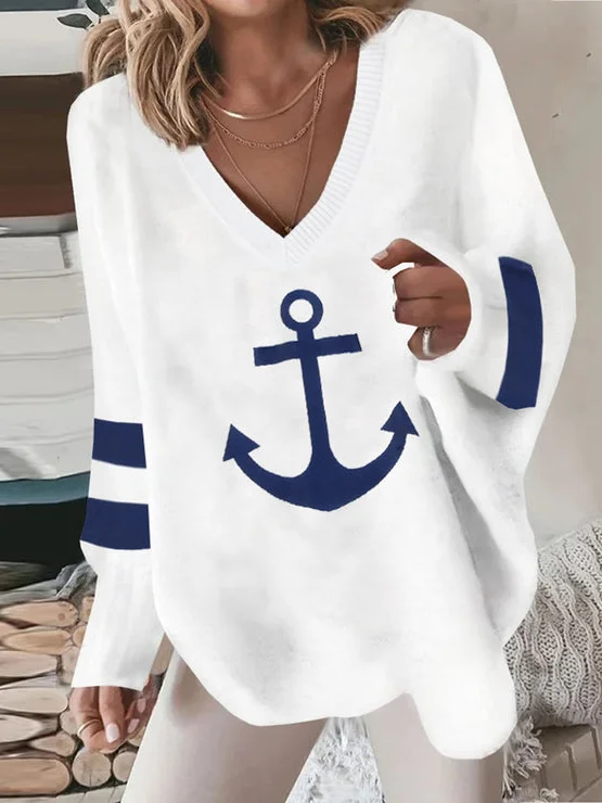 Woman Casual Sea Anchor Loose V Neck Spring Sweatshirts