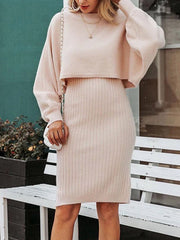 Casual Solid Patchwork O Neck Long Sleeve Two Pieces Bodycon Dresses