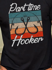 Casual Vintage Part Time Fishing Hook Graphic Print Short Sleeve T-Shirt
