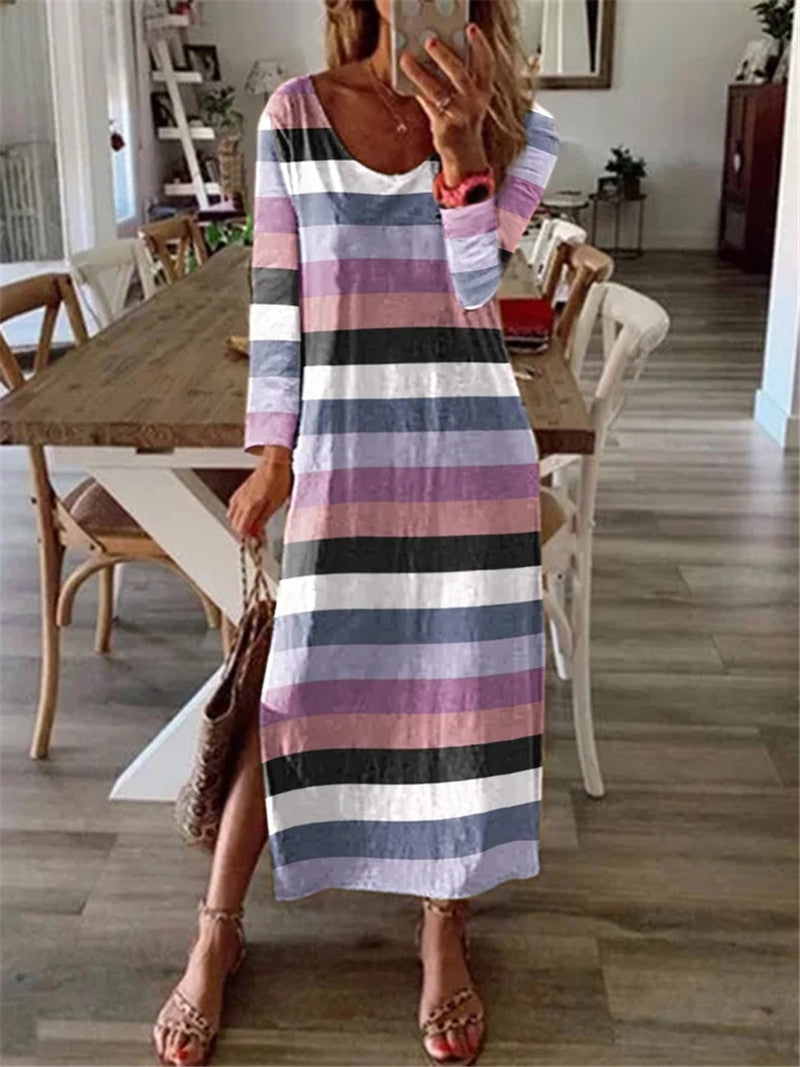 Casual loose color striped long sleeve long maxi dresses
