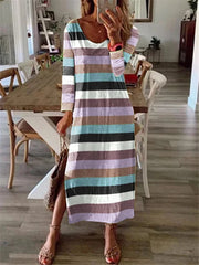 Casual loose color striped long sleeve long maxi dresses
