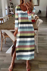 Casual loose color striped long sleeve long maxi dresses