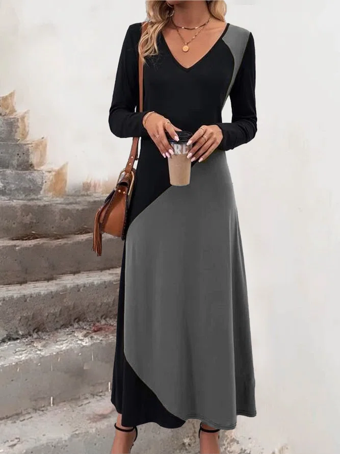Color Block V Neck Tee Dress Maxi Dresses