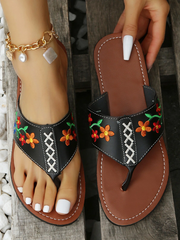 Colorful Small Flower Embroidered Boho Casual Flip-Flops