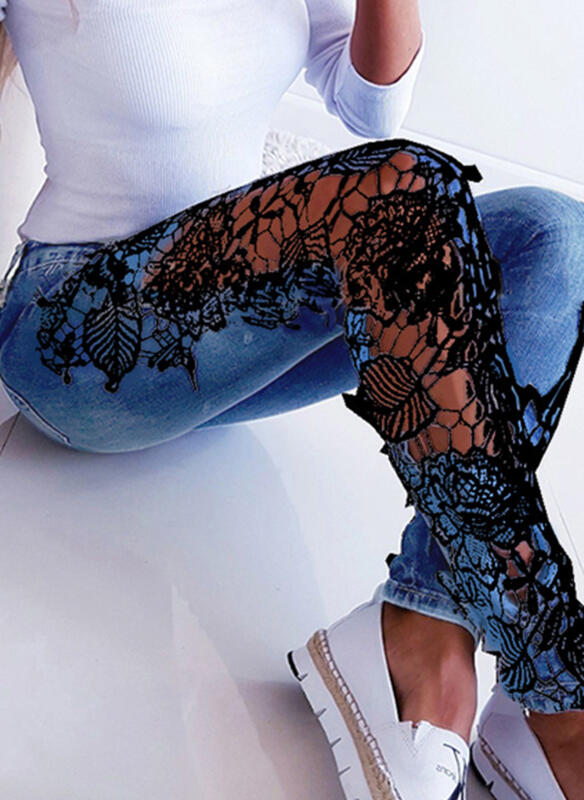 Cotton Denim Lace Long Casual Jacquard Pants Denim Jeans