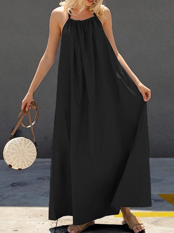 Sexy plain backless big hem halter neck halter back maxi dress