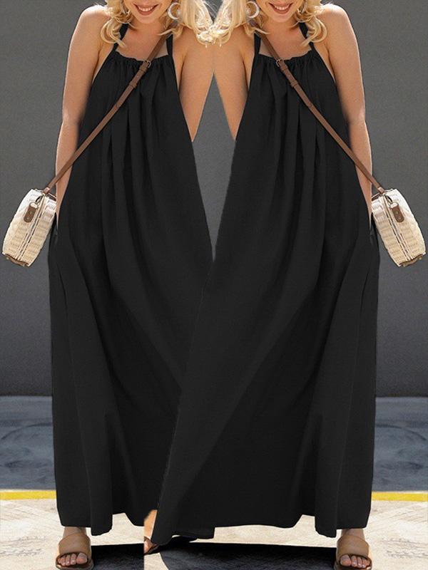 Sexy plain backless big hem halter neck halter back maxi dress