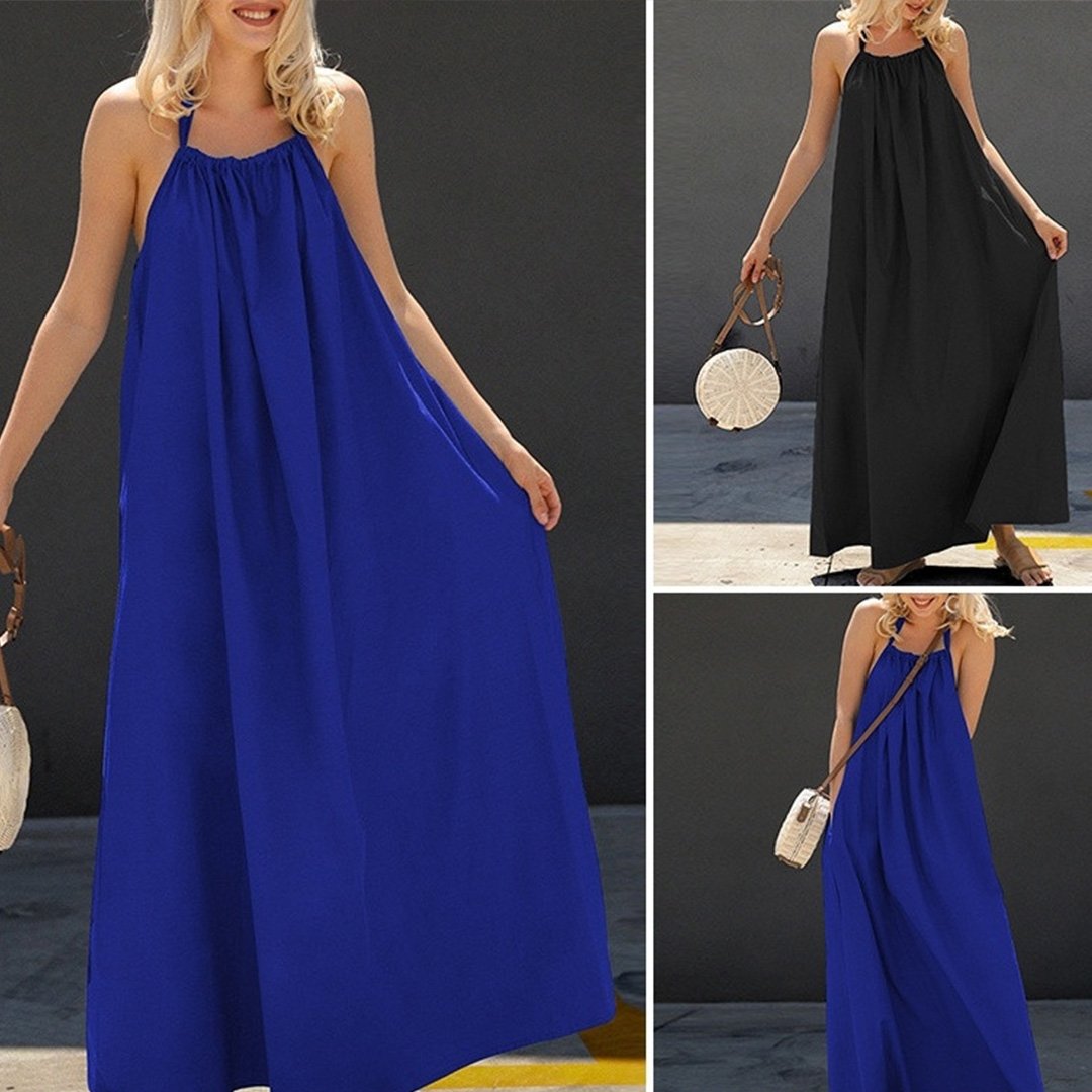 Sexy plain backless big hem halter neck halter back maxi dress