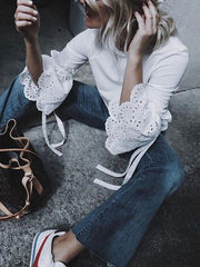 Round Neck Hollow Out Plain Bell Sleeve Blouses