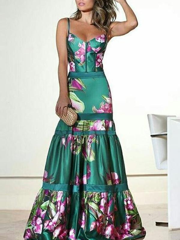 Sexy strappy Long Big Flower Printed V Neck evening dress