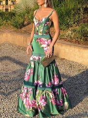 Sexy strappy Long Big Flower Printed V Neck evening dress