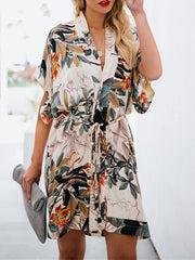 Button-up Flower Printed V-neck Short Sleeve Tie Skater Dress