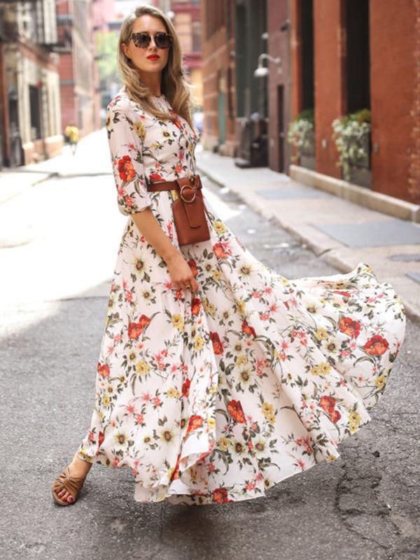 Bohemian printed round neck half sleeves skater maxi dresses