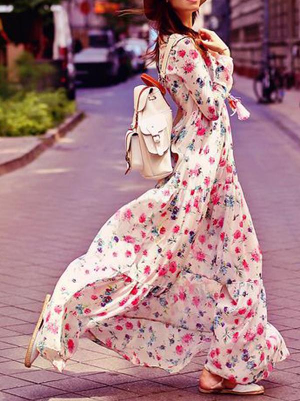 Bohemian printed round neck half sleeves skater maxi dresses