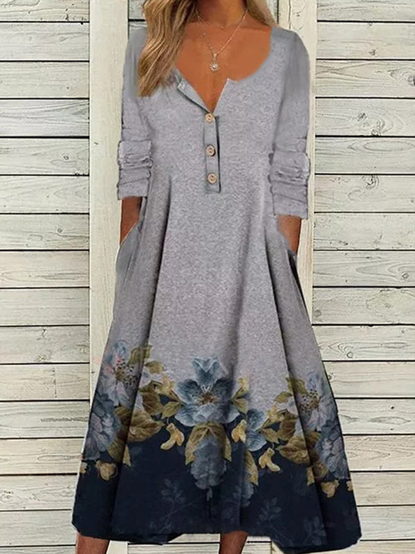 Round neck button women gray maxi dresses