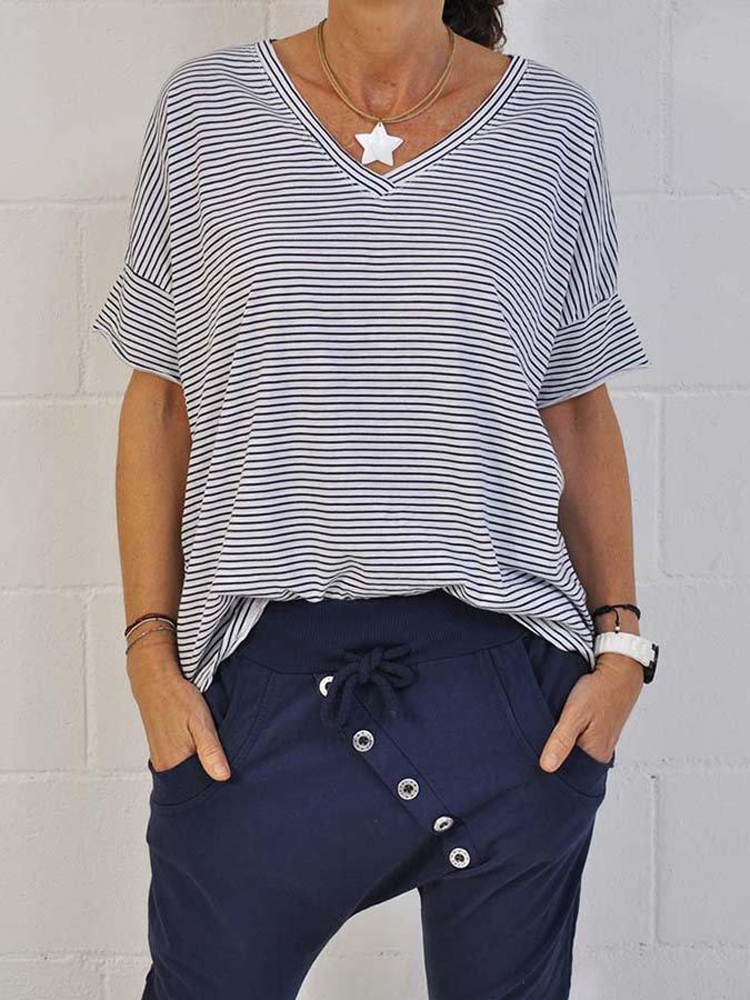 V Neck Shift Short Sleeve Striped Shirts & Tops