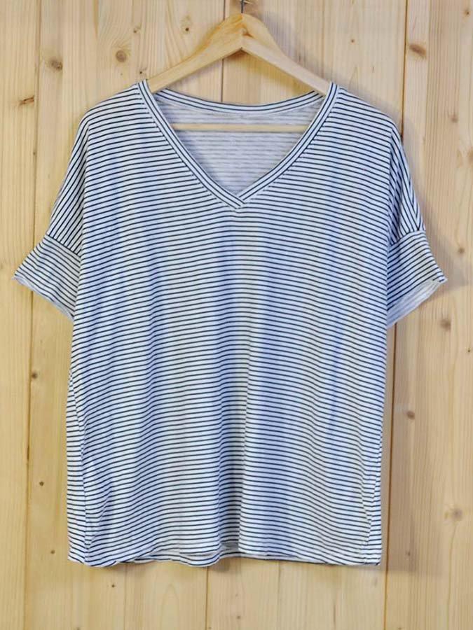 V Neck Shift Short Sleeve Striped Shirts & Tops