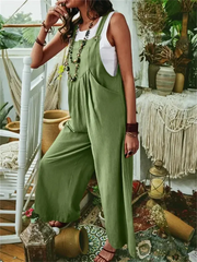 Daily Solid Color Sleeveless Pocket Casual Wide Leg Button Jumpsuits