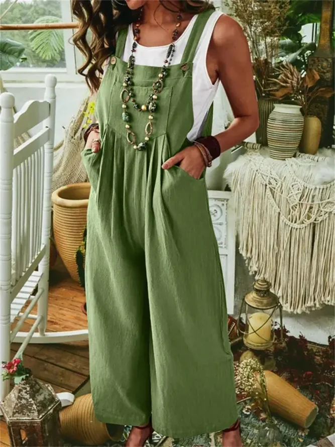 Daily Solid Color Sleeveless Pocket Casual Wide Leg Button Jumpsuits