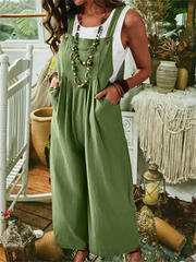 Daily Solid Color Sleeveless Pocket Casual Wide Leg Button Jumpsuits