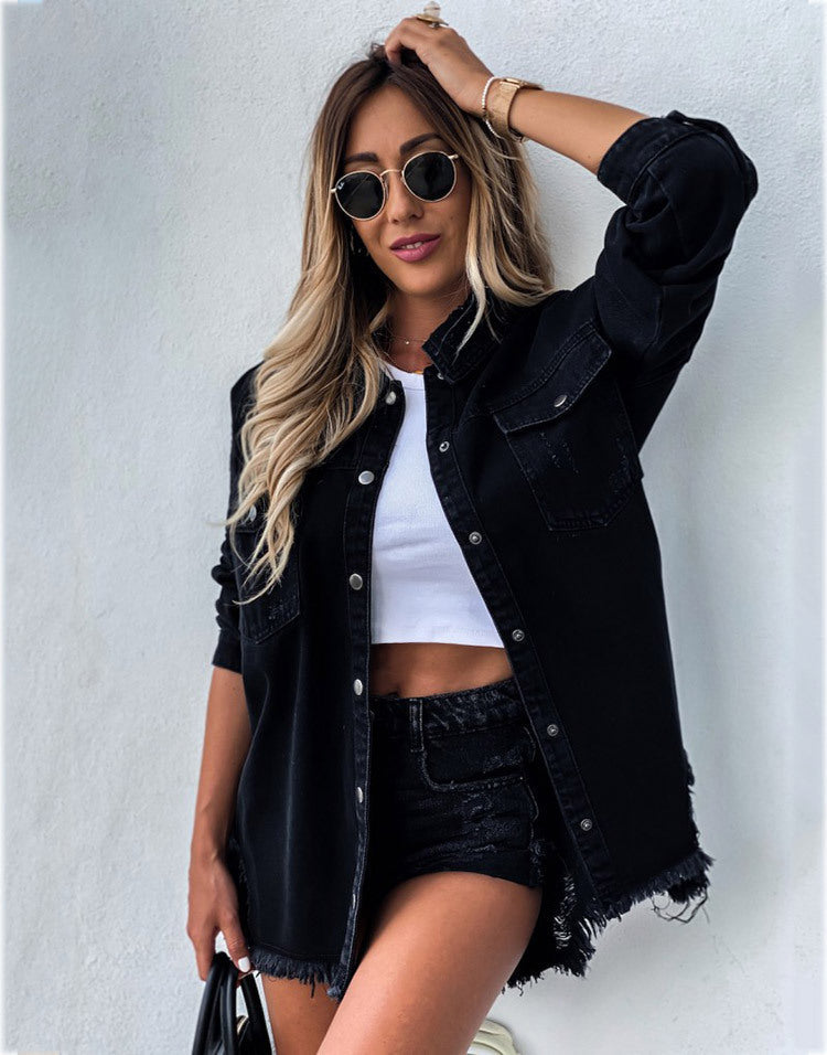 Denim turn down neck pockets jackets