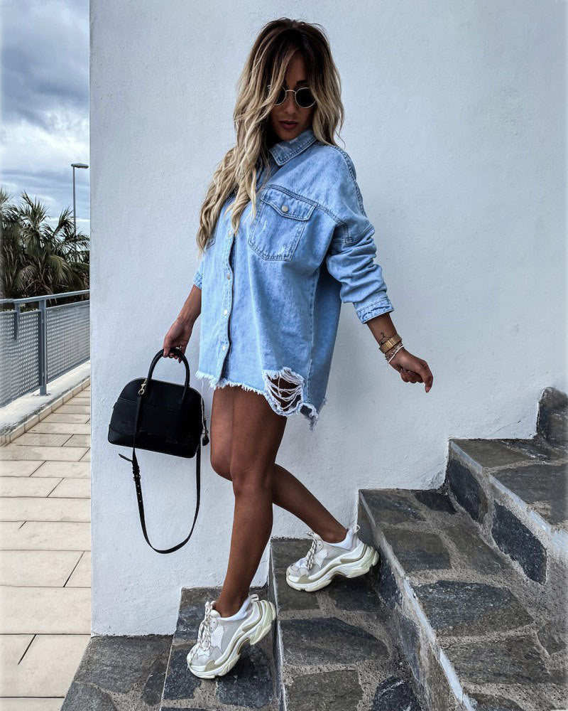 Denim turn down neck pockets jackets