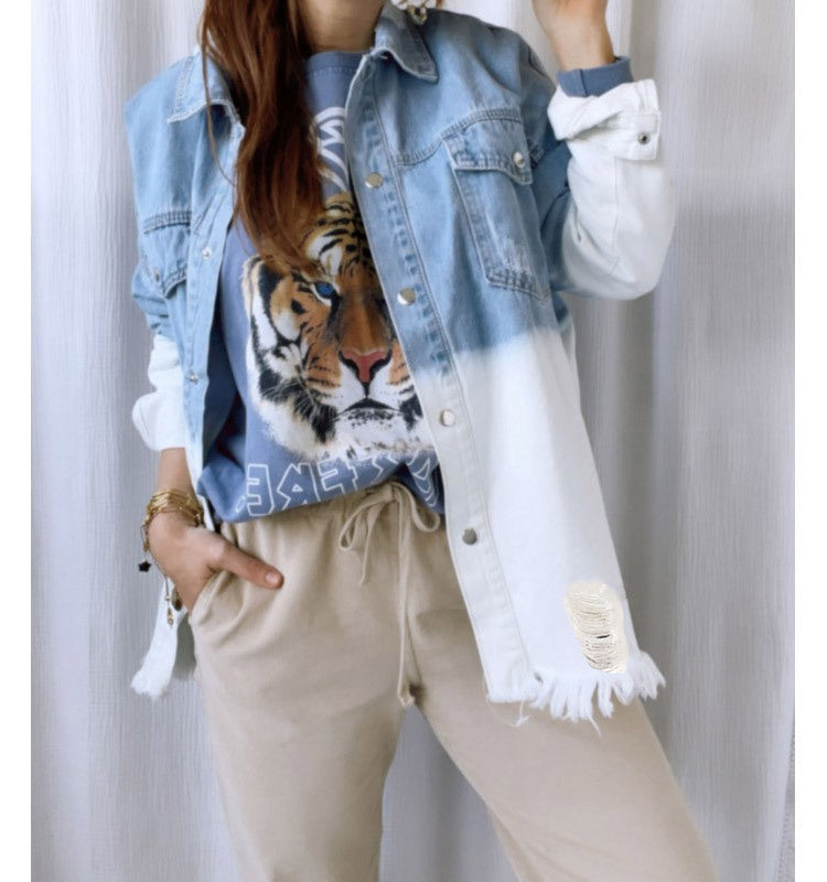 Denim turn down neck pockets jackets