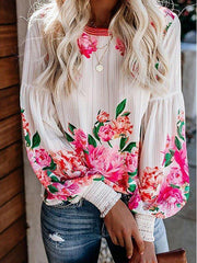 White Crew Neck Printed Floral Long Sleeve Shirts & Tops