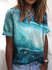 Blue Abstract Short Sleeve Cotton-Blend T-shirt