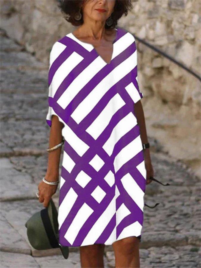 Casual V Neck Geometric Long Sleeve Dresses
