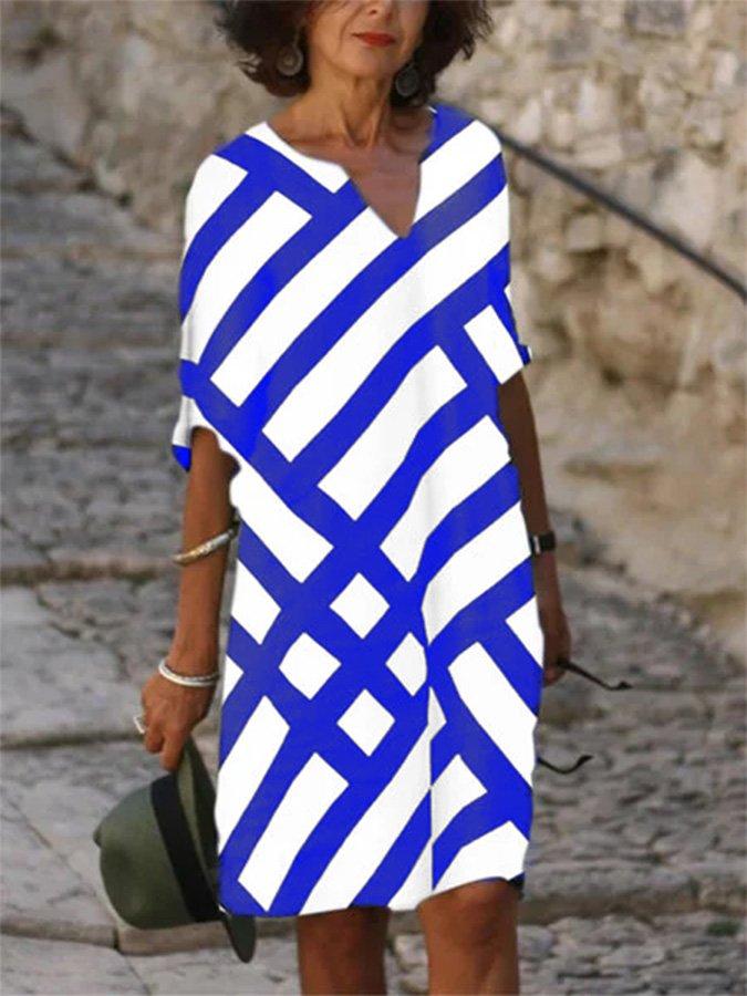 Casual V Neck Geometric Long Sleeve Dresses