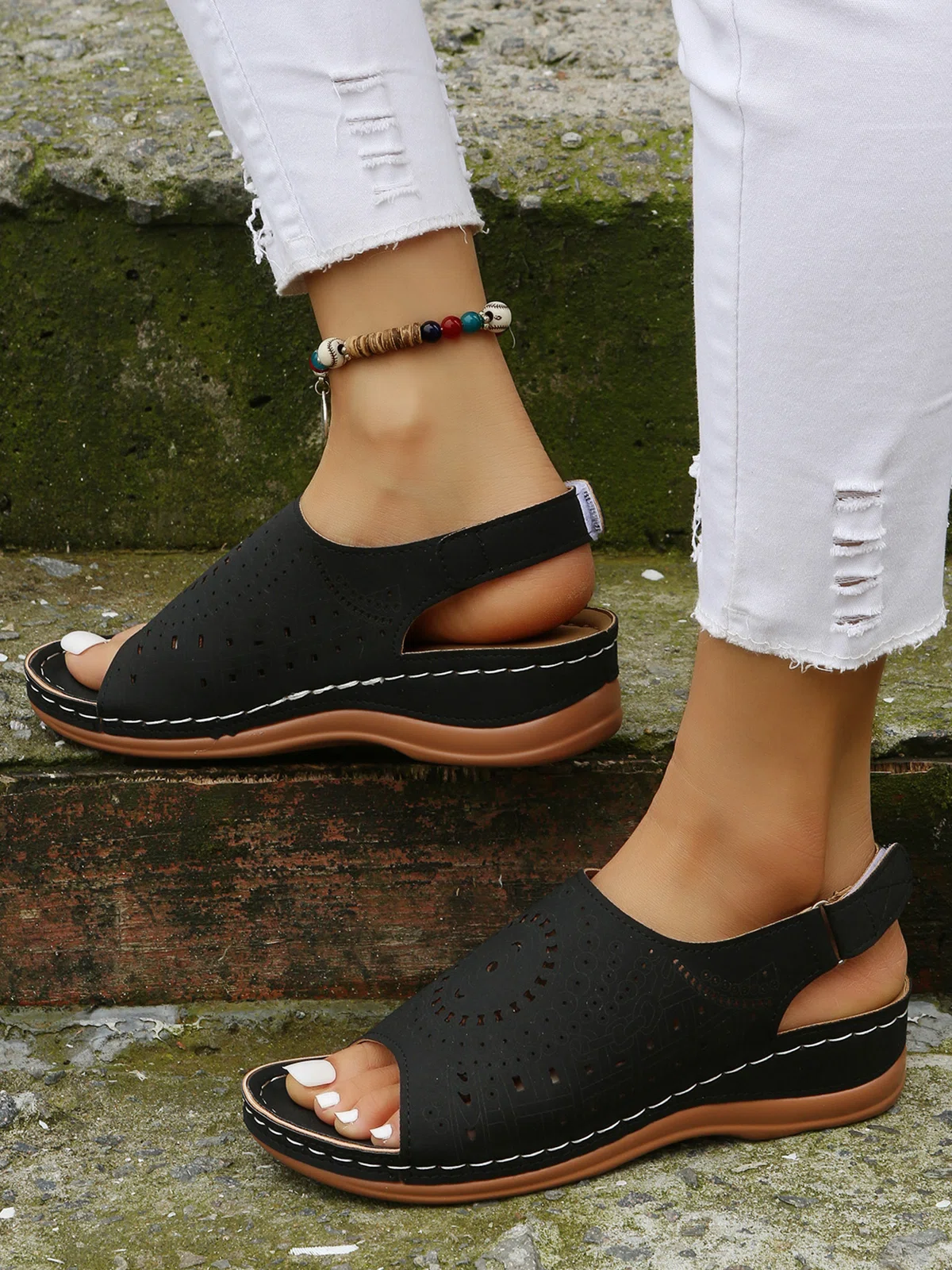 Ethnic Pattern Punched Hollow Velcro Vintage Sandals
