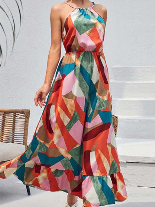 Fashion Print Split Joint Halter Cake Skirt Dresses Maxi Dresses