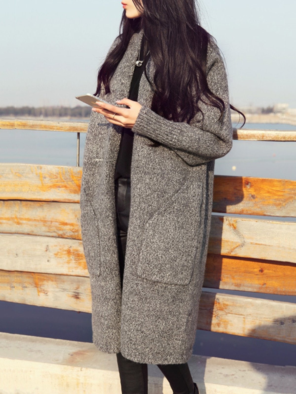 Solid Color Long Knitted Cardigan