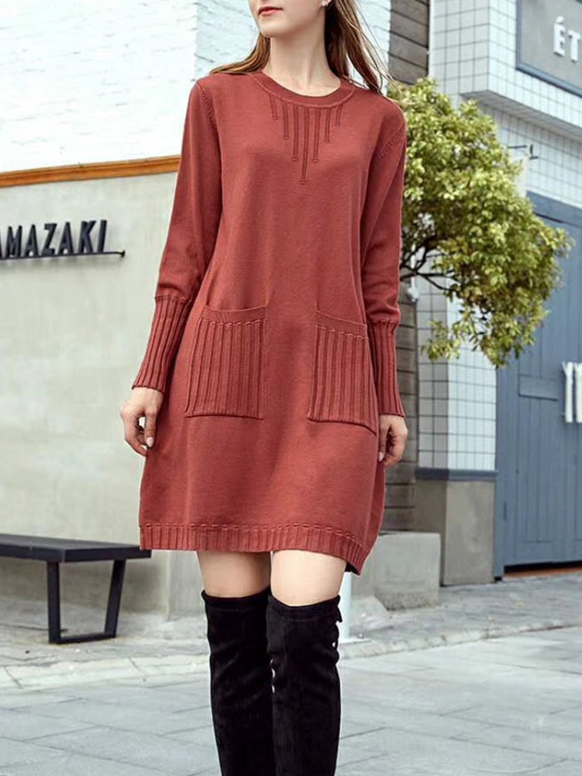 Crew Neck Double Pockets Solid Sweater Dress