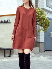 Crew Neck Double Pockets Solid Sweater Dress