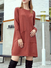 Crew Neck Double Pockets Solid Sweater Dress