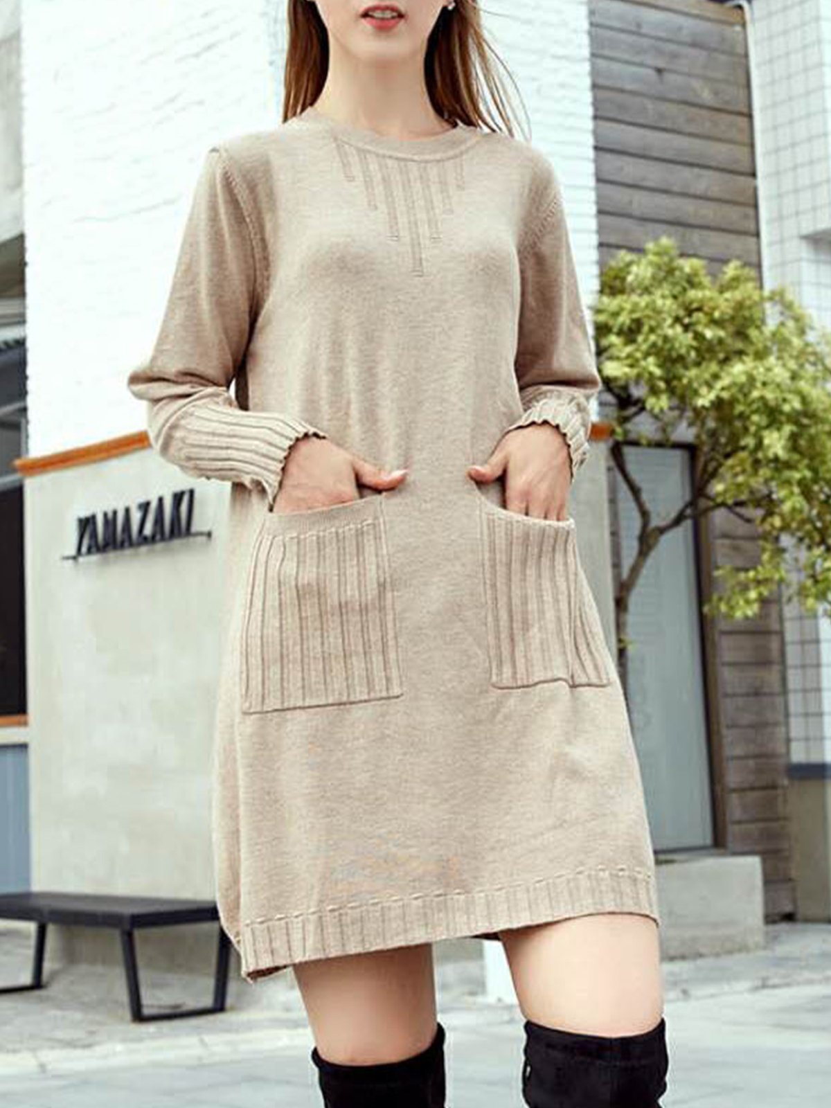 Crew Neck Double Pockets Solid Sweater Dress