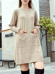 Crew Neck Double Pockets Solid Sweater Dress