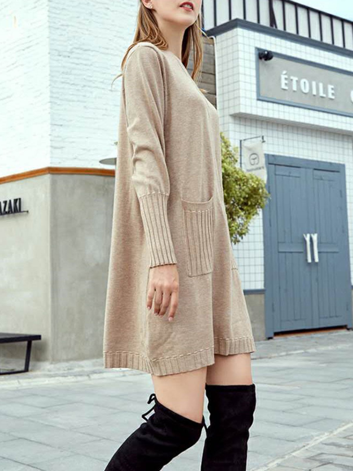 Crew Neck Double Pockets Solid Sweater Dress