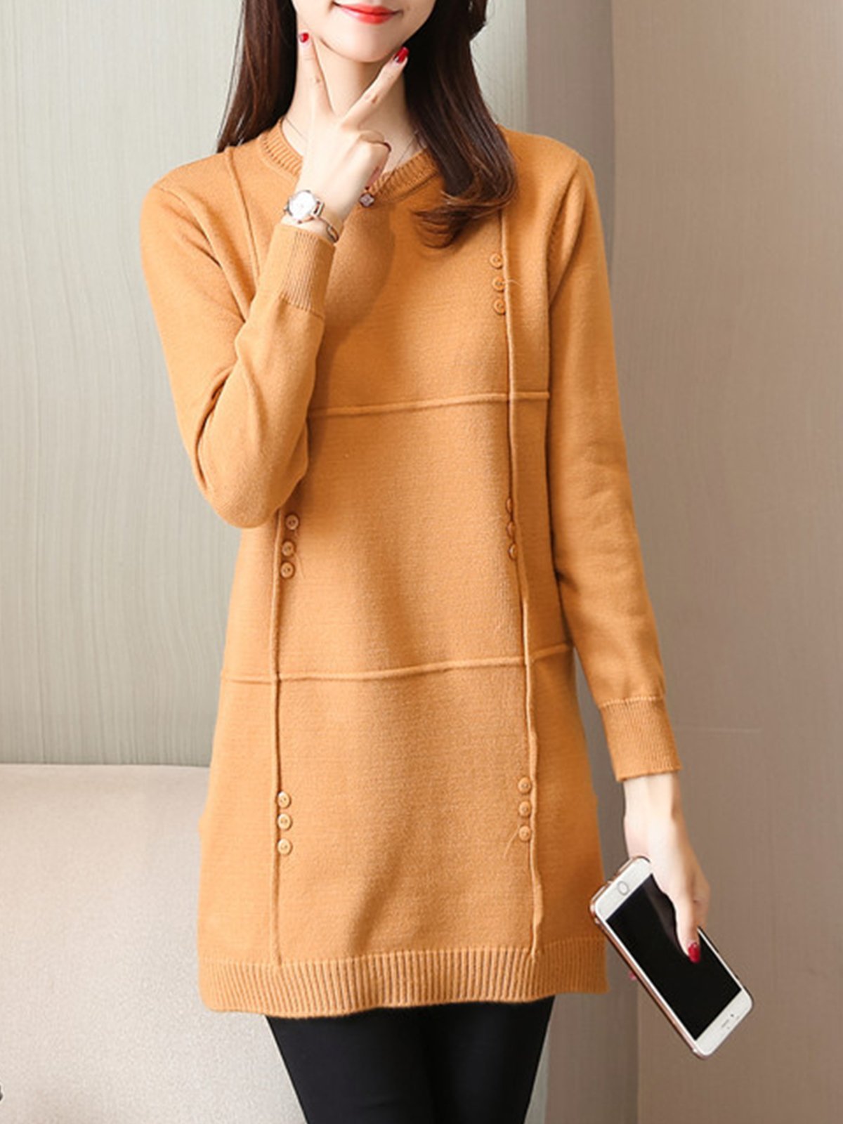 Button Decor Side Slit Crew Neck Knitted Sweater